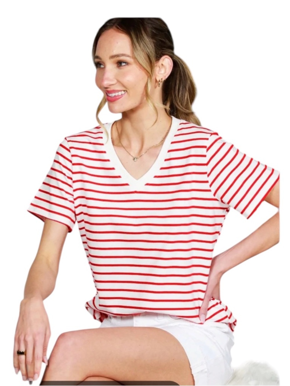 GAP Red and White Striped 109% Cotton V-Neck Short-Sleeved  Tee